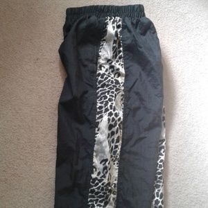 Ski pants with animal print side panels.